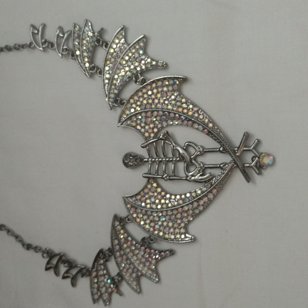 Necklace Skeleton with Bat Wings Halloween Rhinestone Bling Costume Gothic Punk